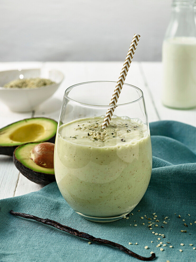 Vanilla avocado smoothie with hemp seeds