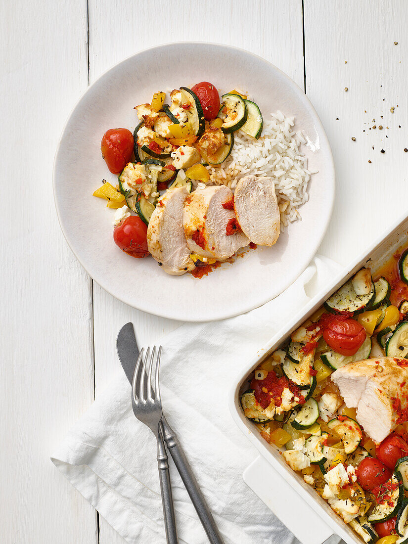 Chicken breast with oven vegetables and rice