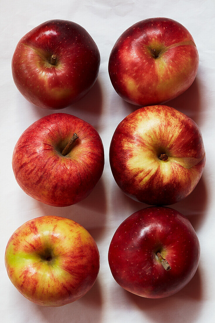 Sechs rote Äpfel auf weißem Hintergrund