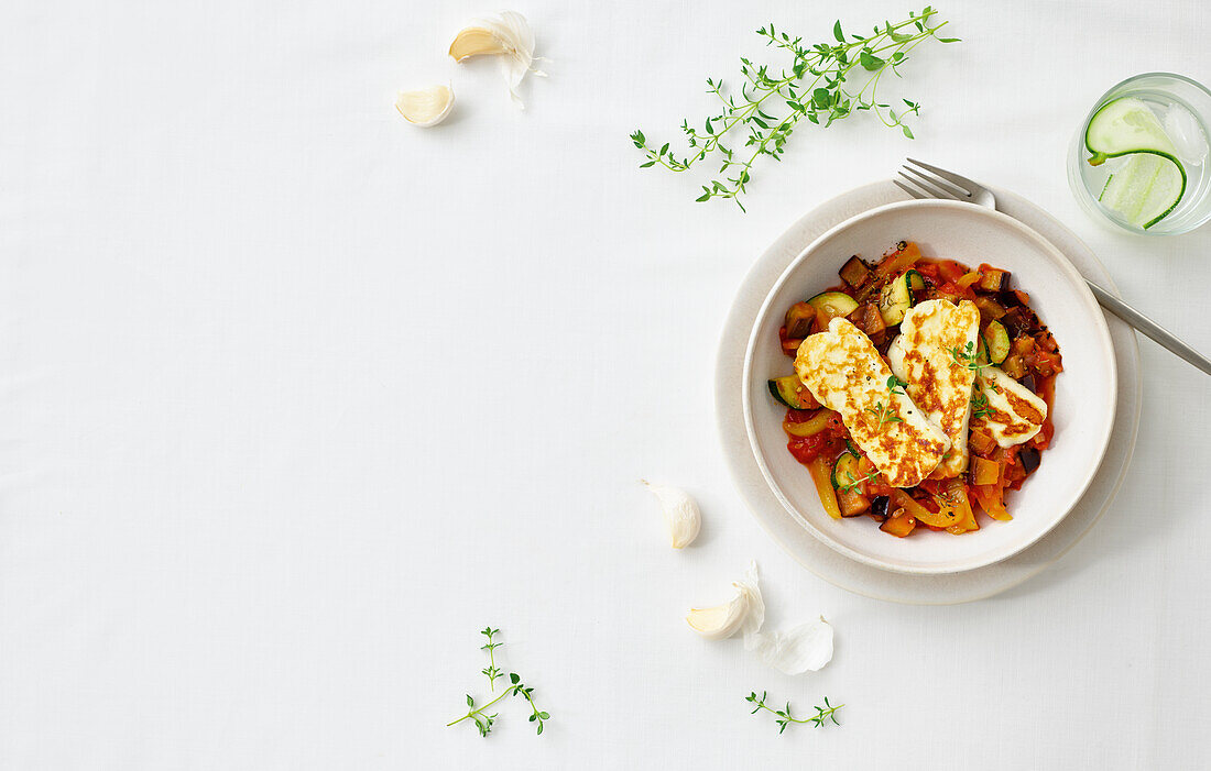 Ratatouille with grilled halloumi and thyme