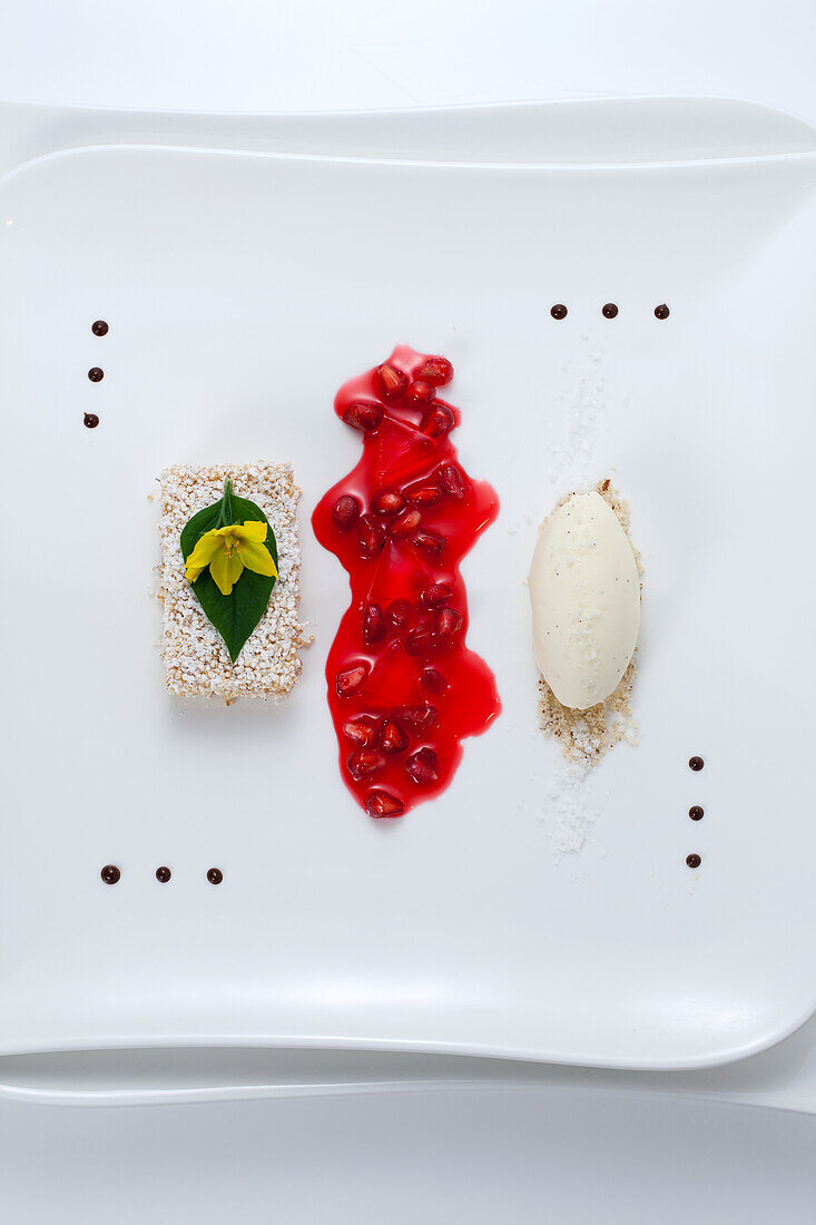 Amaranth tartlet with pomegranate jelly and vanilla salt ice cream