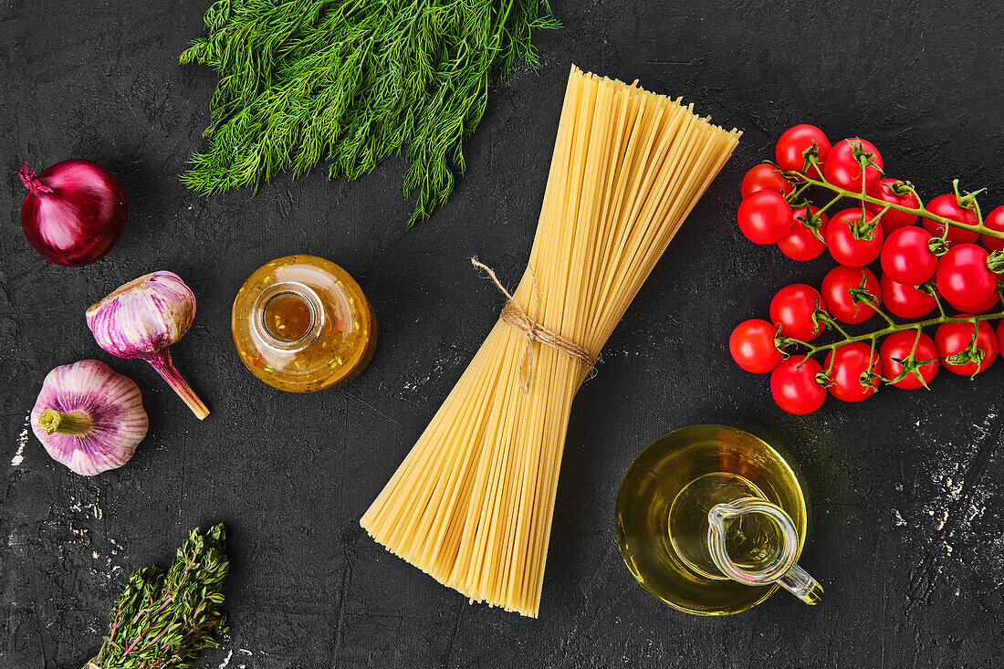 Raw spaghetti with fresh herbs and spices