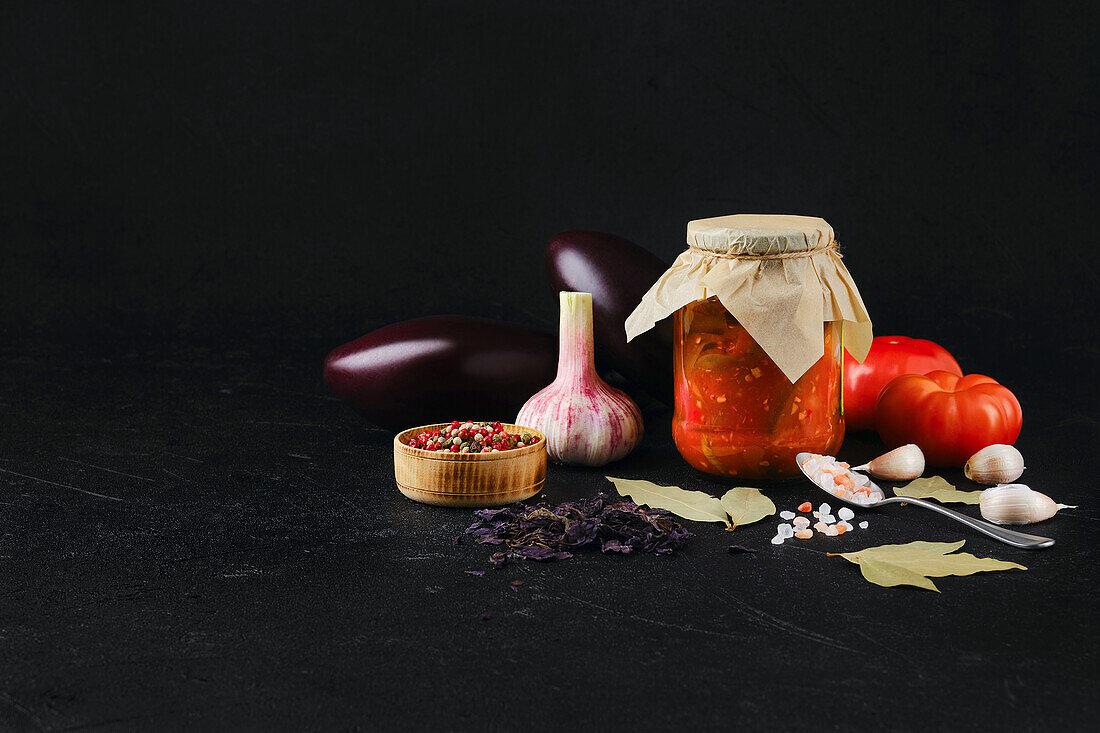 Pickled aubergines with peppers, garlic and spices