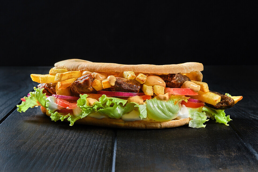 Pitabrot gefüllt mit Lammfleisch, Salat und Pommes