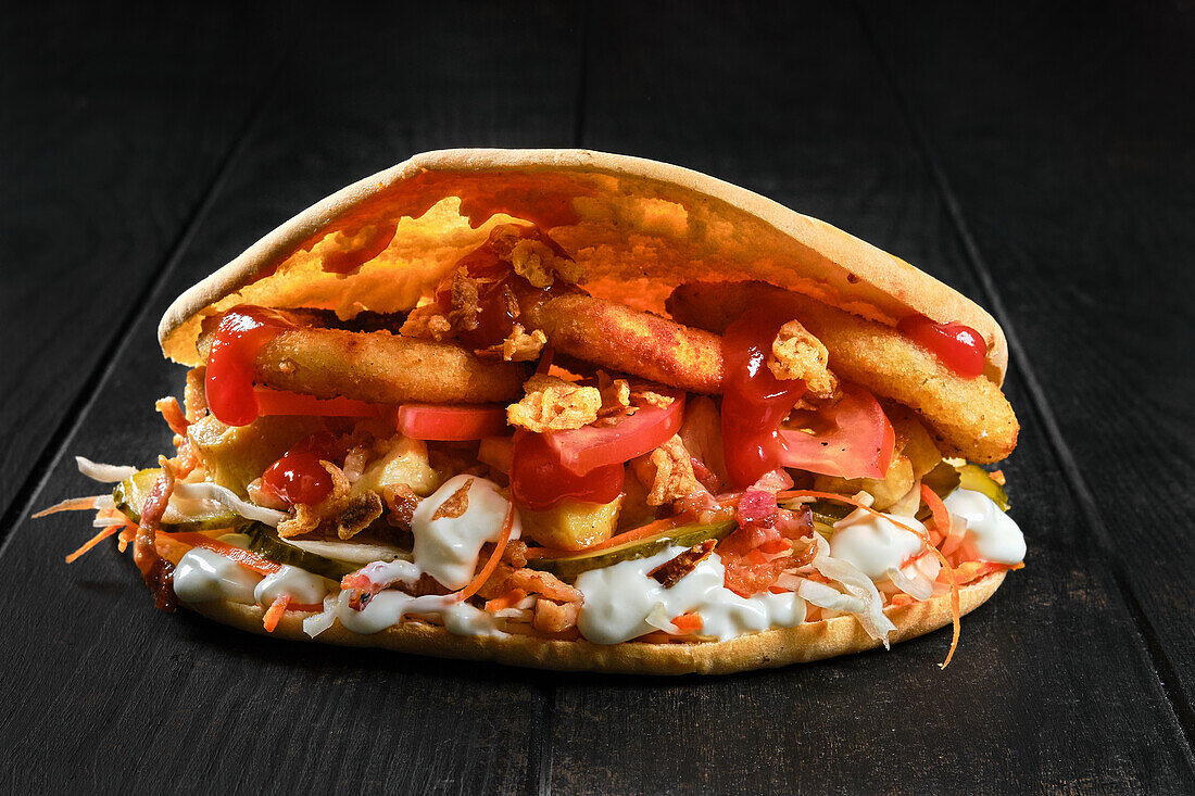 Stuffed flatbread with chicken, tomato and yoghurt sauce