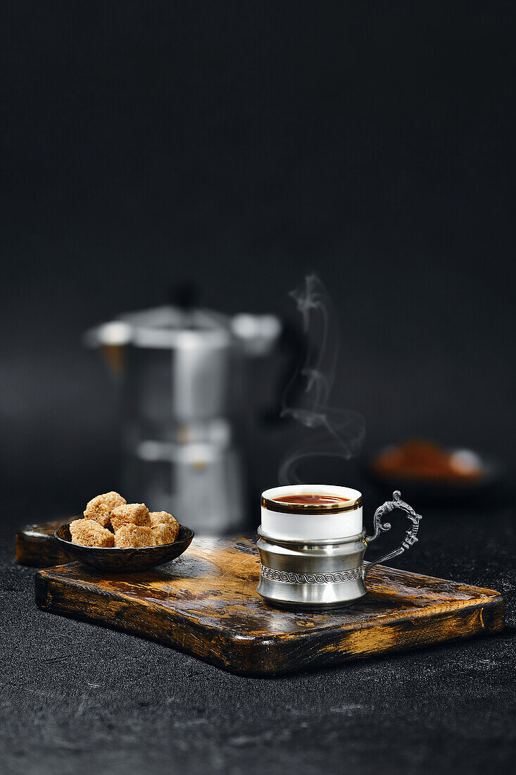 Espresso with brown sugar and mocha pot