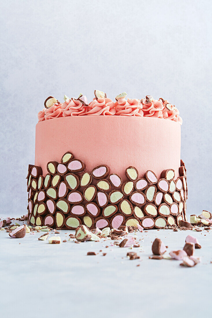 Pink layer cake with chocolate decoration