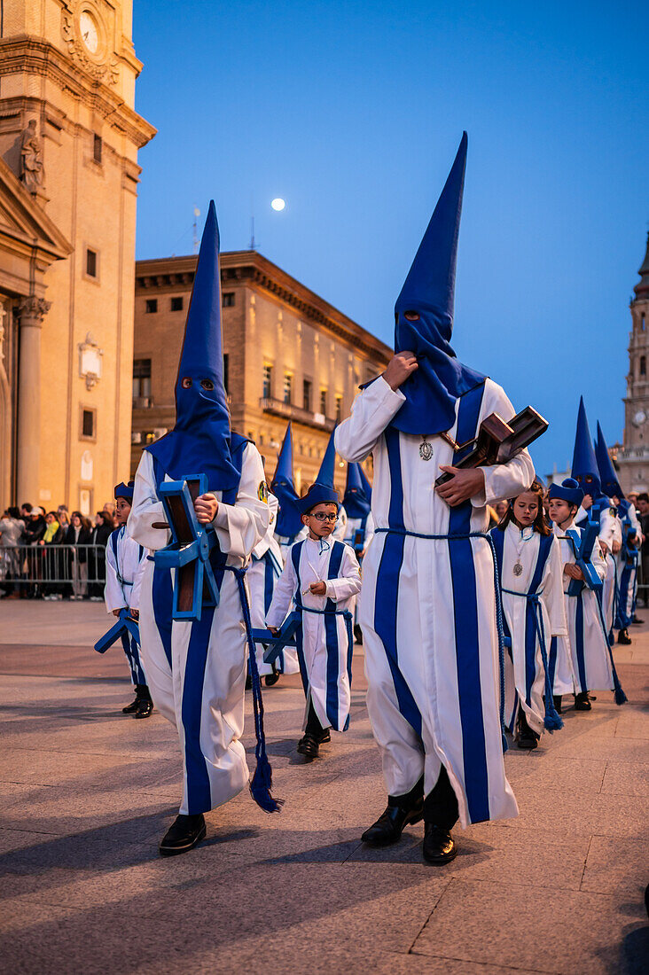 Holy Week Proclamation Procession that symbolizes the beginning of nine days of passion in the Plaza del Pilar in Zaragoza, Spain