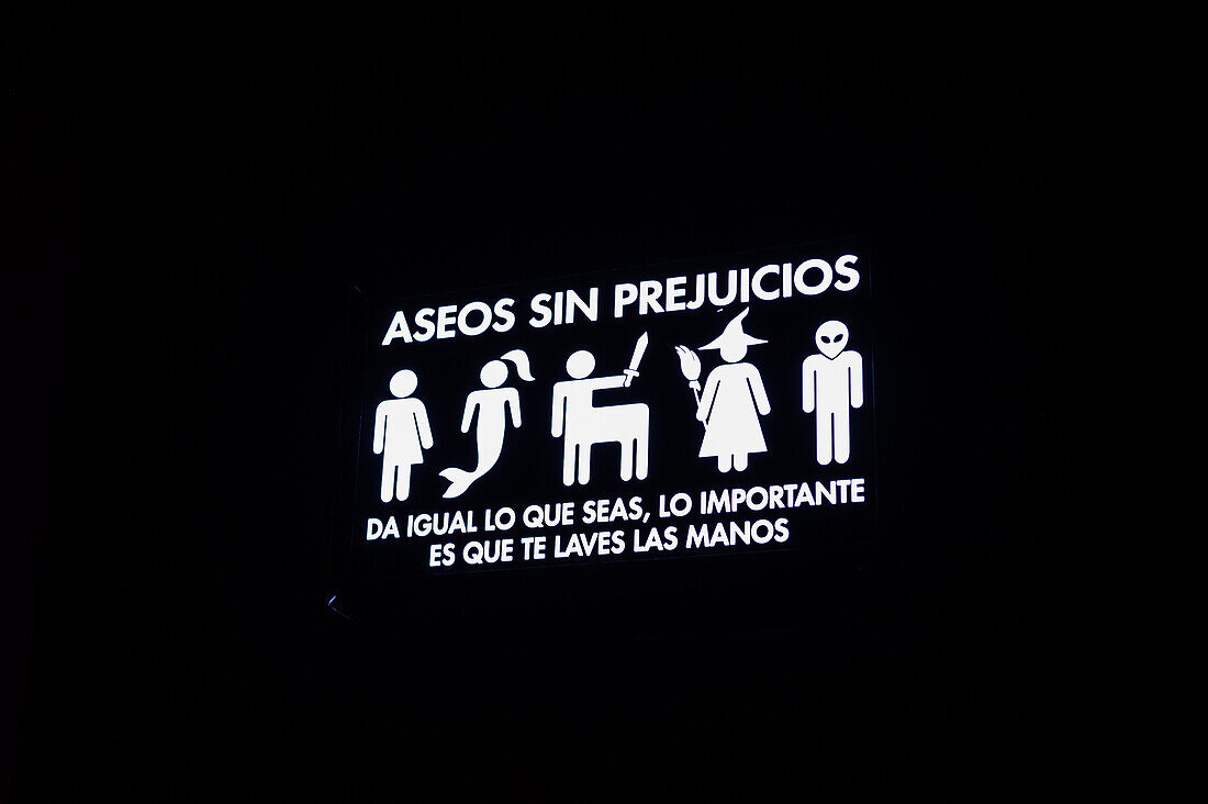 Rest room sign reads: "Bathroom without prejudice. It doesn't matter what you are, the important thing is that you wash your hands"