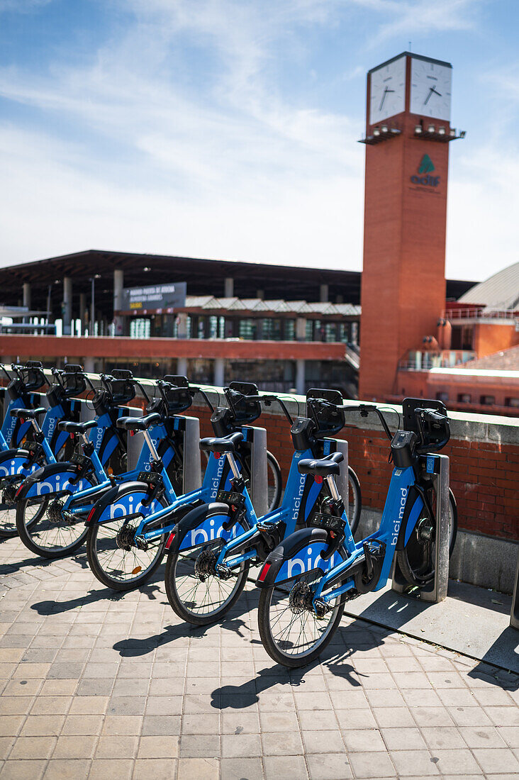 BiciMAD bikes, a bicycle rental program operated by the Madrid City Hall, Spain