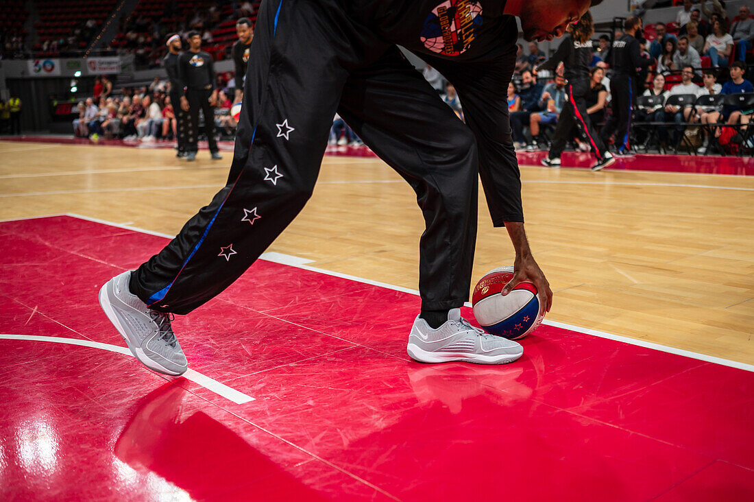 The Harlem Globetrotters perform at the Prince Felipe Pavilion in Zaragoza, Spain