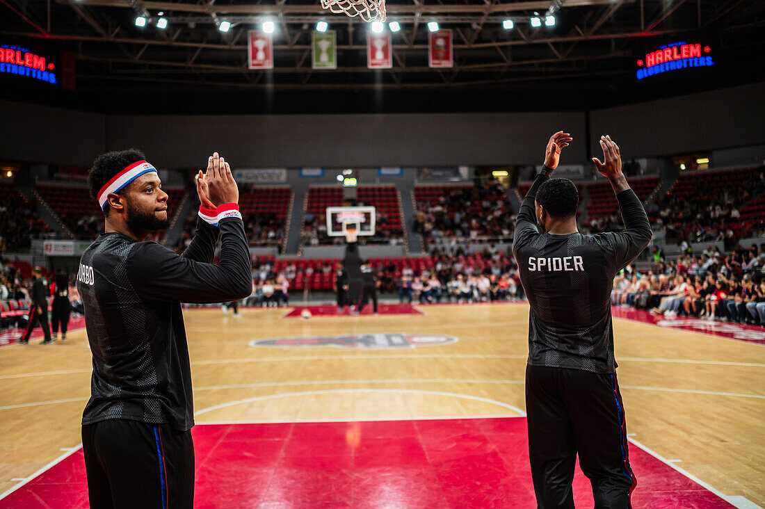 The Harlem Globetrotters perform at the Prince Felipe Pavilion in Zaragoza, Spain