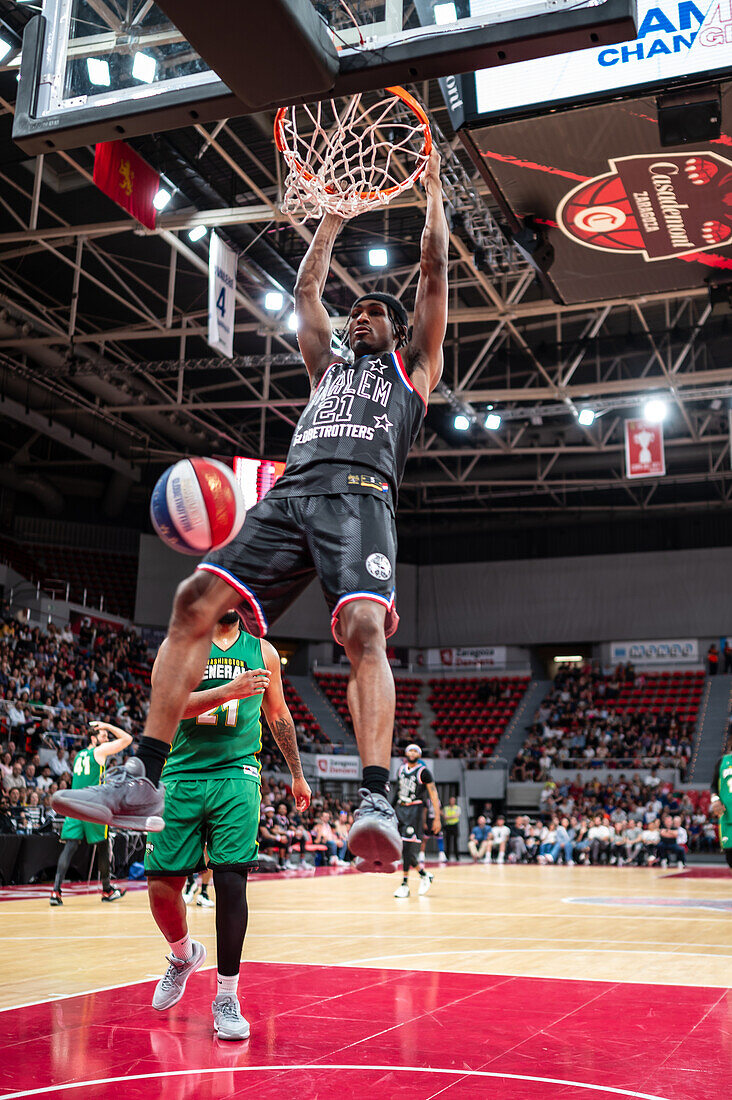 The Harlem Globetrotters perform at the Prince Felipe Pavilion in Zaragoza, Spain