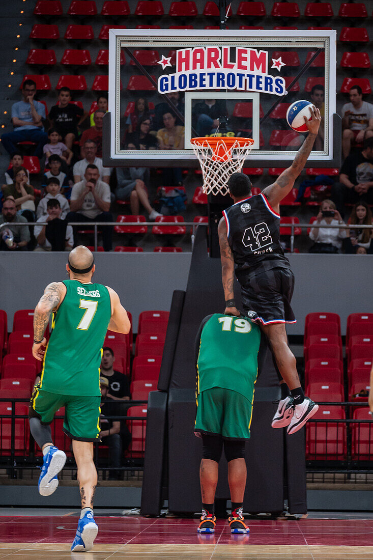 The Harlem Globetrotters perform at the Prince Felipe Pavilion in Zaragoza, Spain