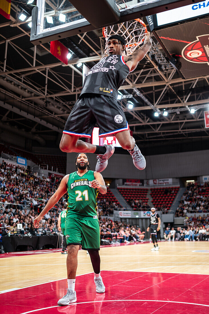 The Harlem Globetrotters perform at the Prince Felipe Pavilion in Zaragoza, Spain