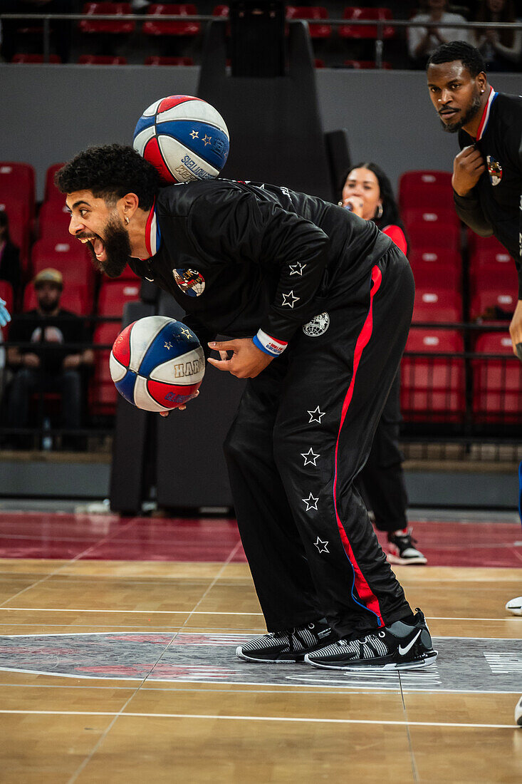 The Harlem Globetrotters perform at the Prince Felipe Pavilion in Zaragoza, Spain