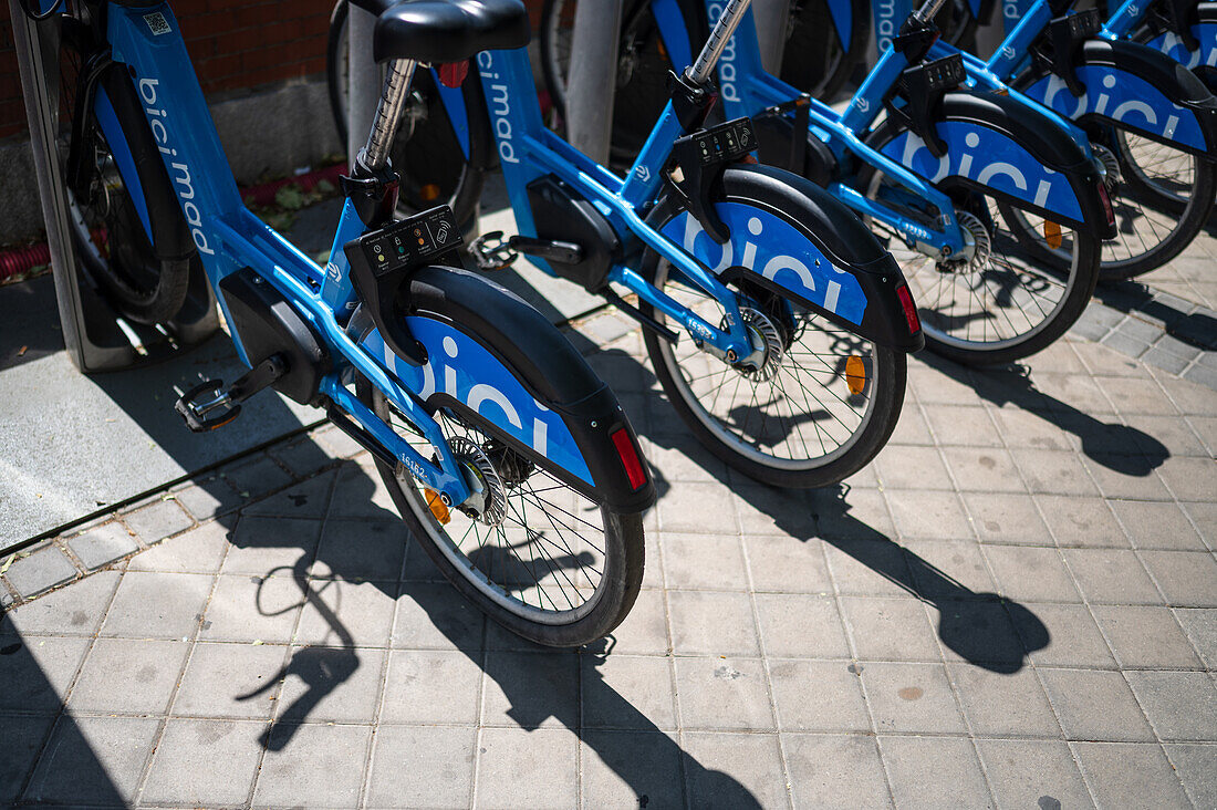 BiciMAD bikes, a bicycle rental program operated by the Madrid City Hall, Spain