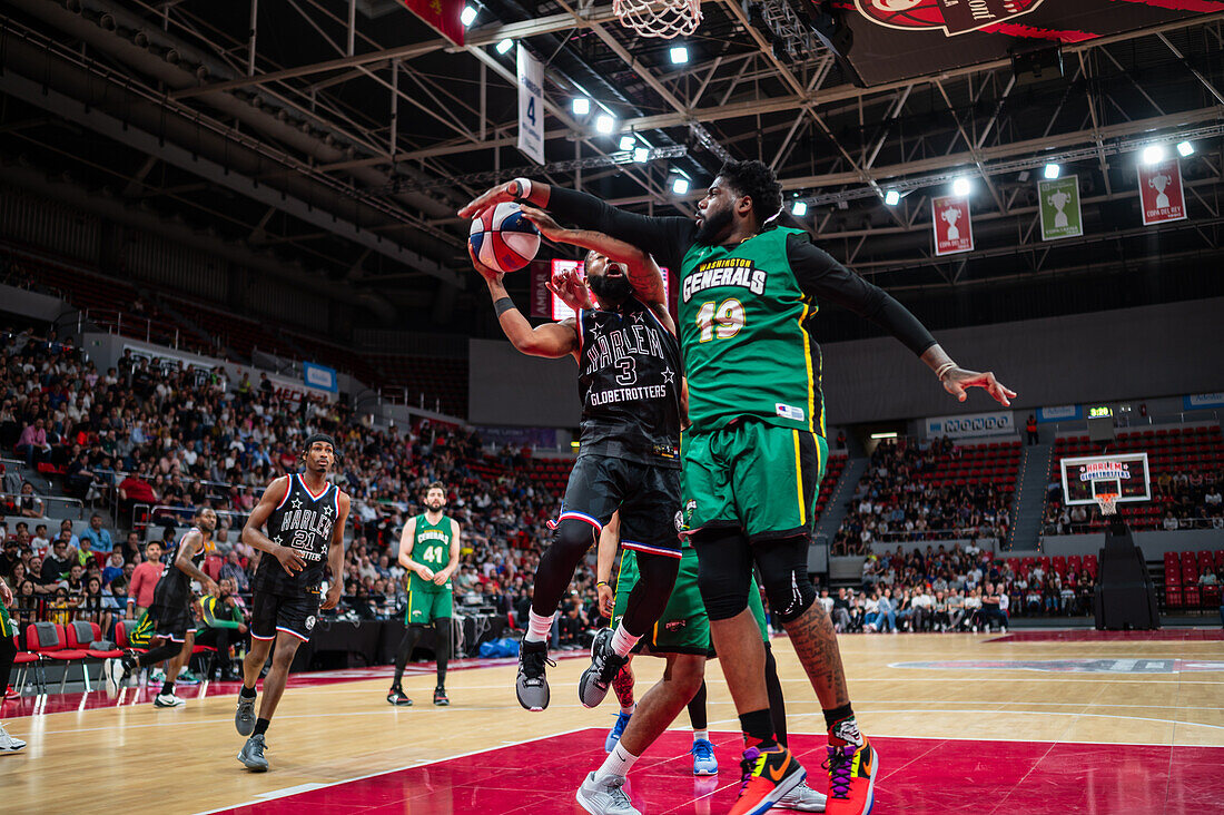 The Harlem Globetrotters perform at the Prince Felipe Pavilion in Zaragoza, Spain