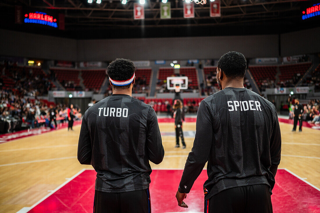 The Harlem Globetrotters perform at the Prince Felipe Pavilion in Zaragoza, Spain