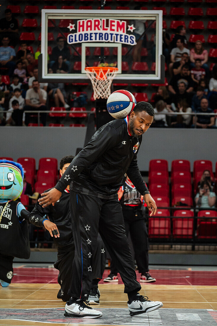 The Harlem Globetrotters perform at the Prince Felipe Pavilion in Zaragoza, Spain