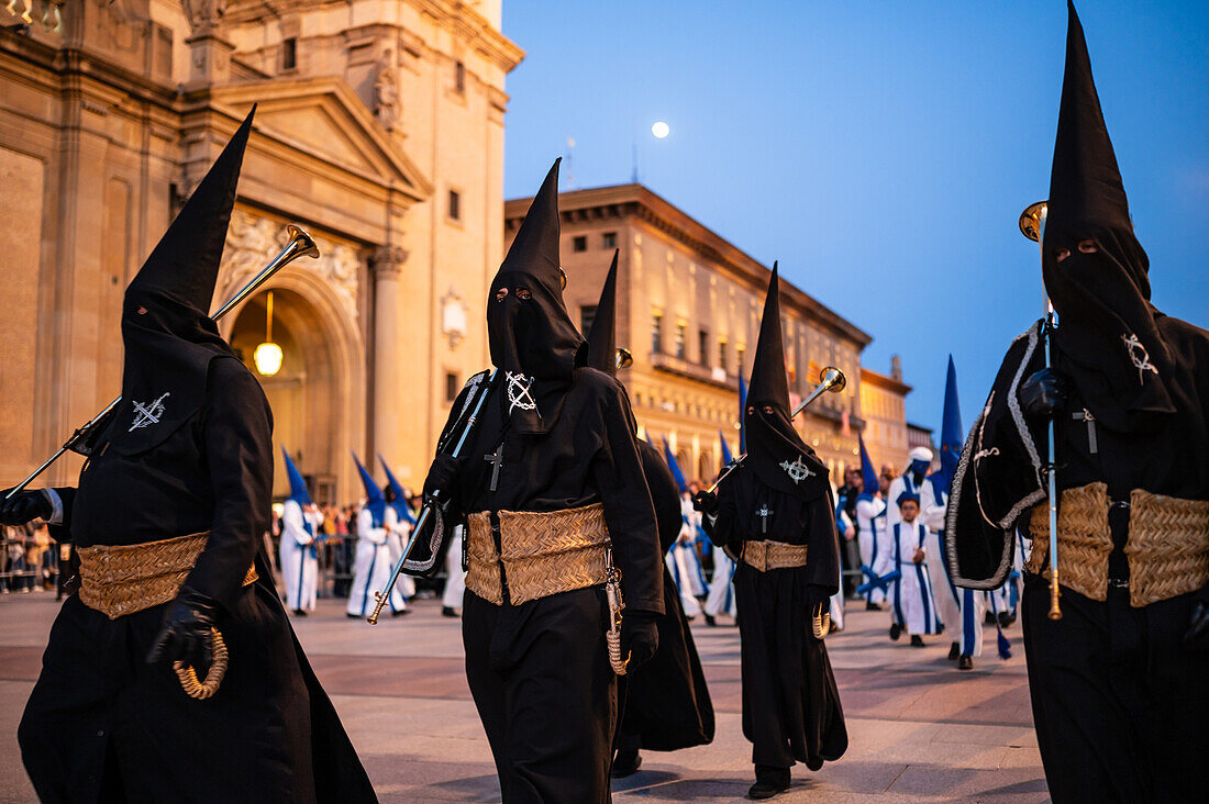 Holy Week Proclamation Procession that symbolizes the beginning of nine days of passion in the Plaza del Pilar in Zaragoza, Spain