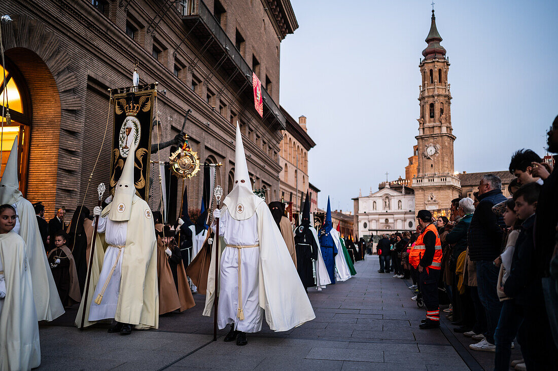 Holy Week Proclamation Procession that symbolizes the beginning of nine days of passion in the Plaza del Pilar in Zaragoza, Spain