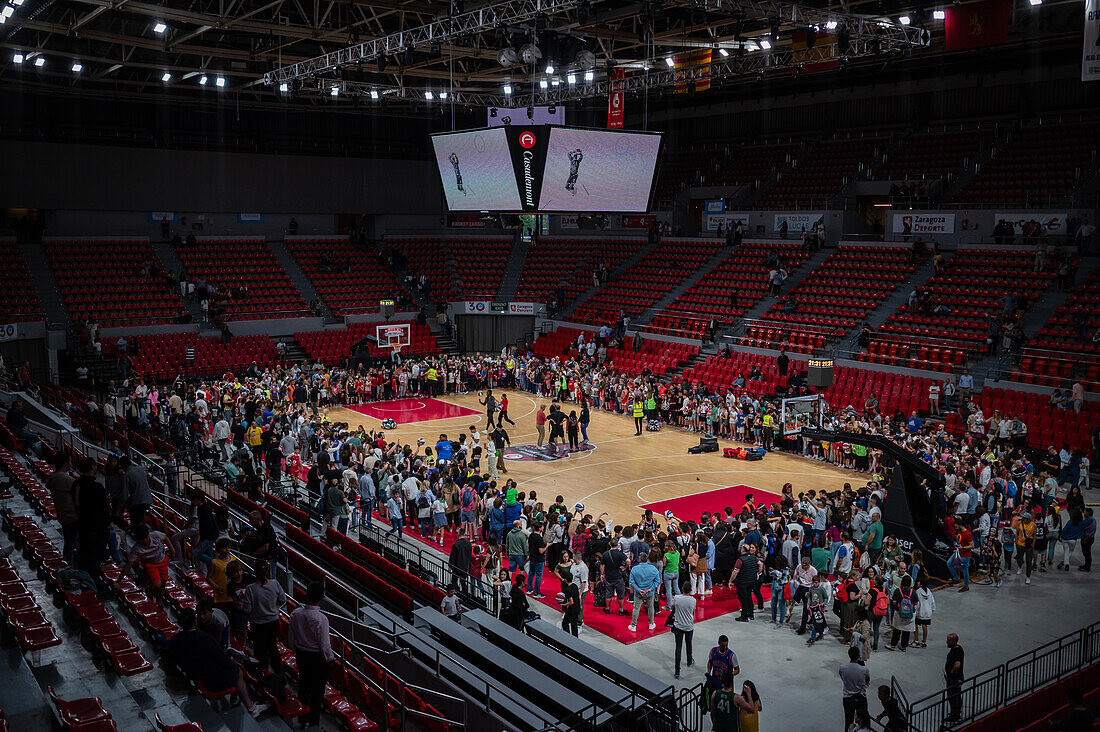 The Harlem Globetrotters perform at the Prince Felipe Pavilion in Zaragoza, Spain