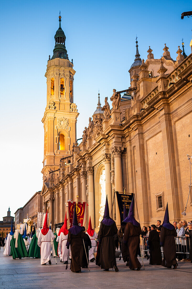 Holy Week Proclamation Procession that symbolizes the beginning of nine days of passion in the Plaza del Pilar in Zaragoza, Spain