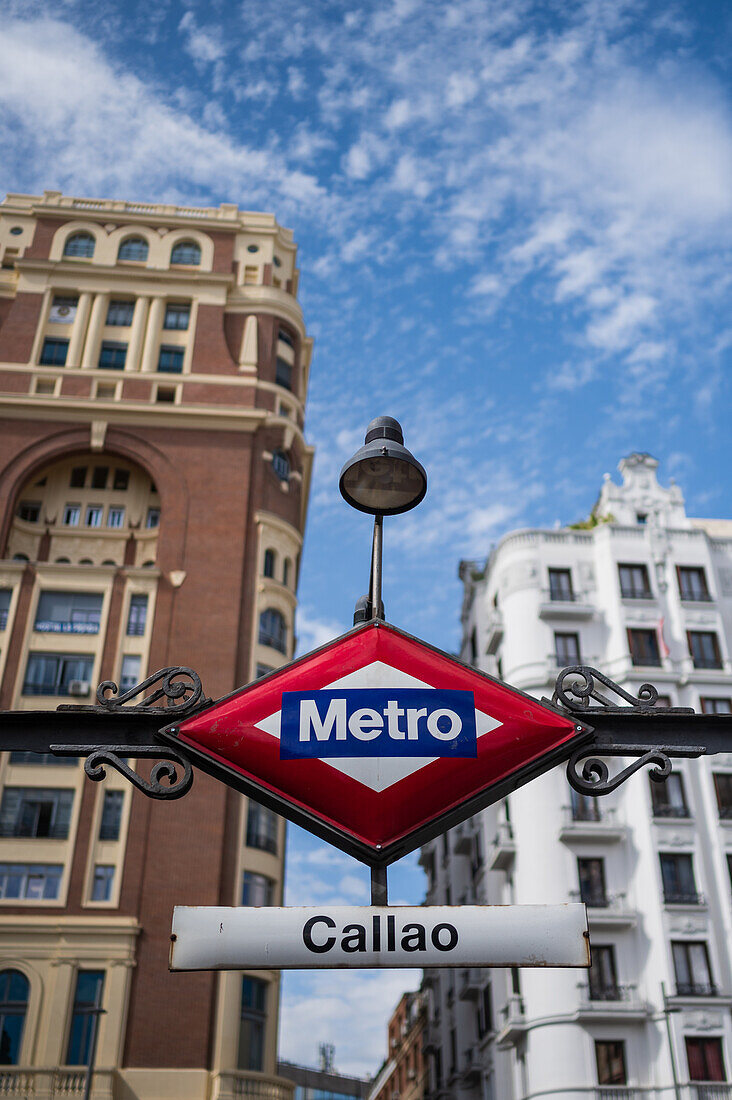 Callao Metro entrance sign in Madrid, Spain