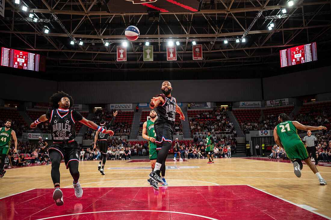 The Harlem Globetrotters perform at the Prince Felipe Pavilion in Zaragoza, Spain