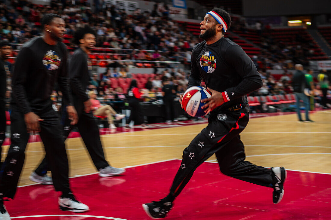 The Harlem Globetrotters perform at the Prince Felipe Pavilion in Zaragoza, Spain