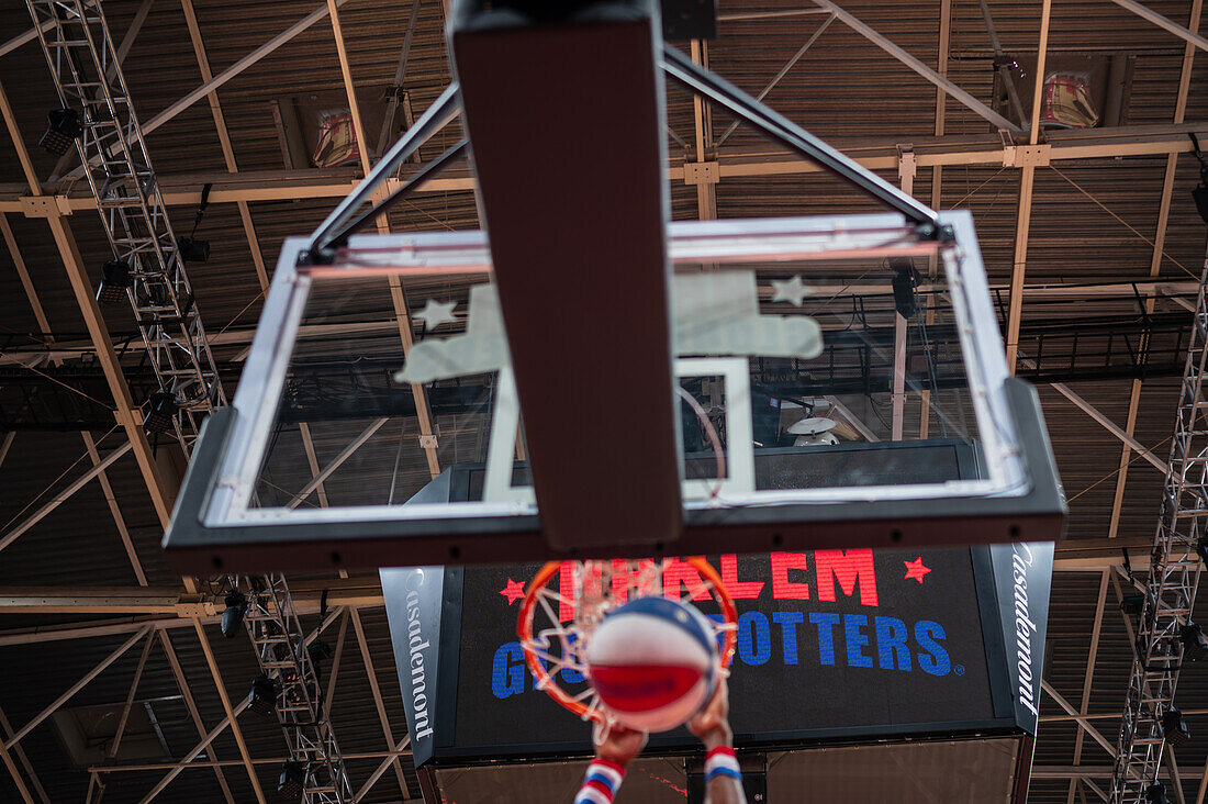 The Harlem Globetrotters perform at the Prince Felipe Pavilion in Zaragoza, Spain