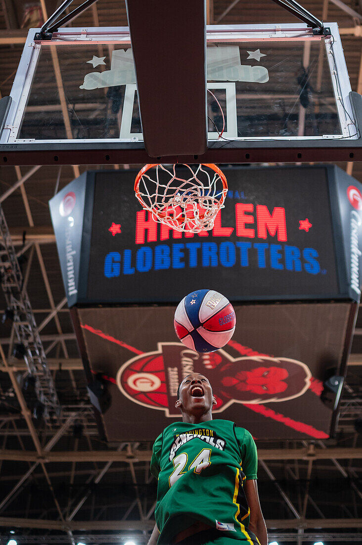 The Harlem Globetrotters perform at the Prince Felipe Pavilion in Zaragoza, Spain