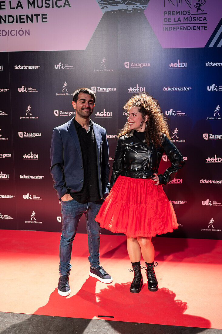 Artist Olga Pareja and Javier Doblas on the red carpet at the MIN Independent Music Awards 2024, Zaragoza, Spain