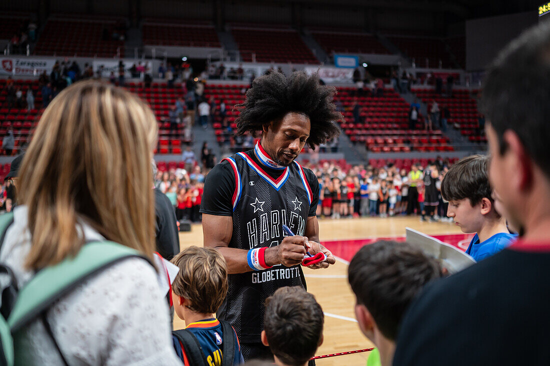 The Harlem Globetrotters perform at the Prince Felipe Pavilion in Zaragoza, Spain