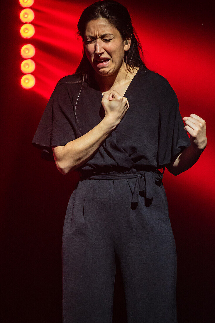 The sign interpreter acting during a live song at the MIN Independent Music Awards 2024, Zaragoza, Spain