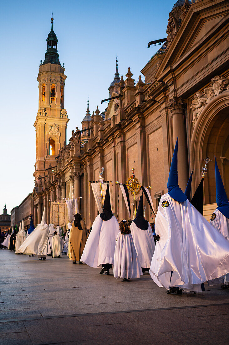 Holy Week Proclamation Procession that symbolizes the beginning of nine days of passion in the Plaza del Pilar in Zaragoza, Spain