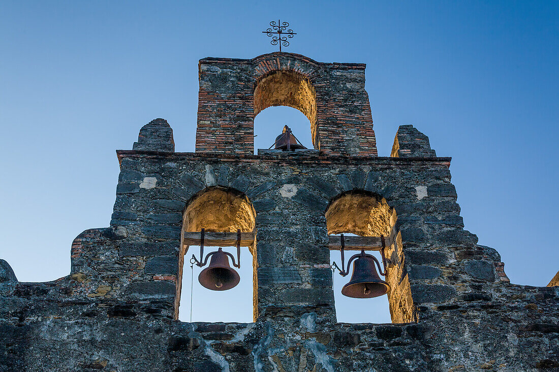 Bell tower of Mission Espada in the San Antonio Missions National Historic Park, San Antonio, Texas. A UNESCO World Heritage Site.