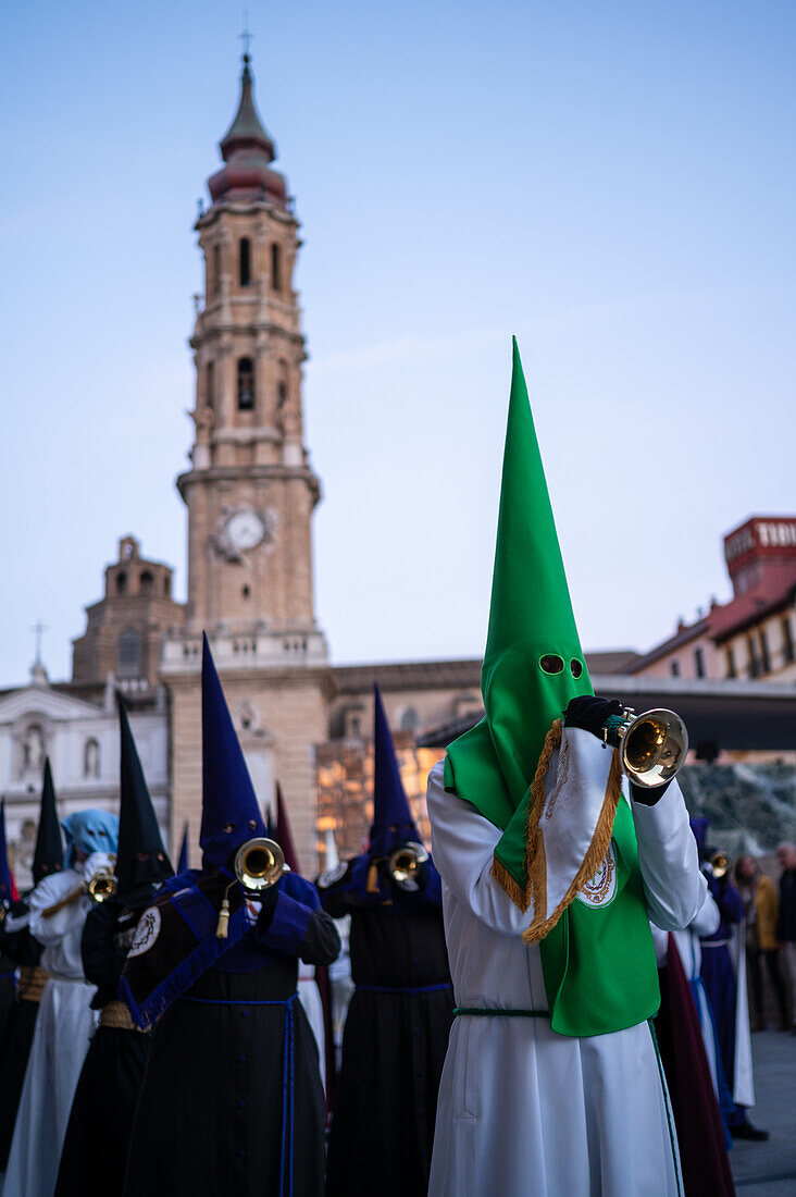 Holy Week Proclamation Procession that symbolizes the beginning of nine days of passion in the Plaza del Pilar in Zaragoza, Spain