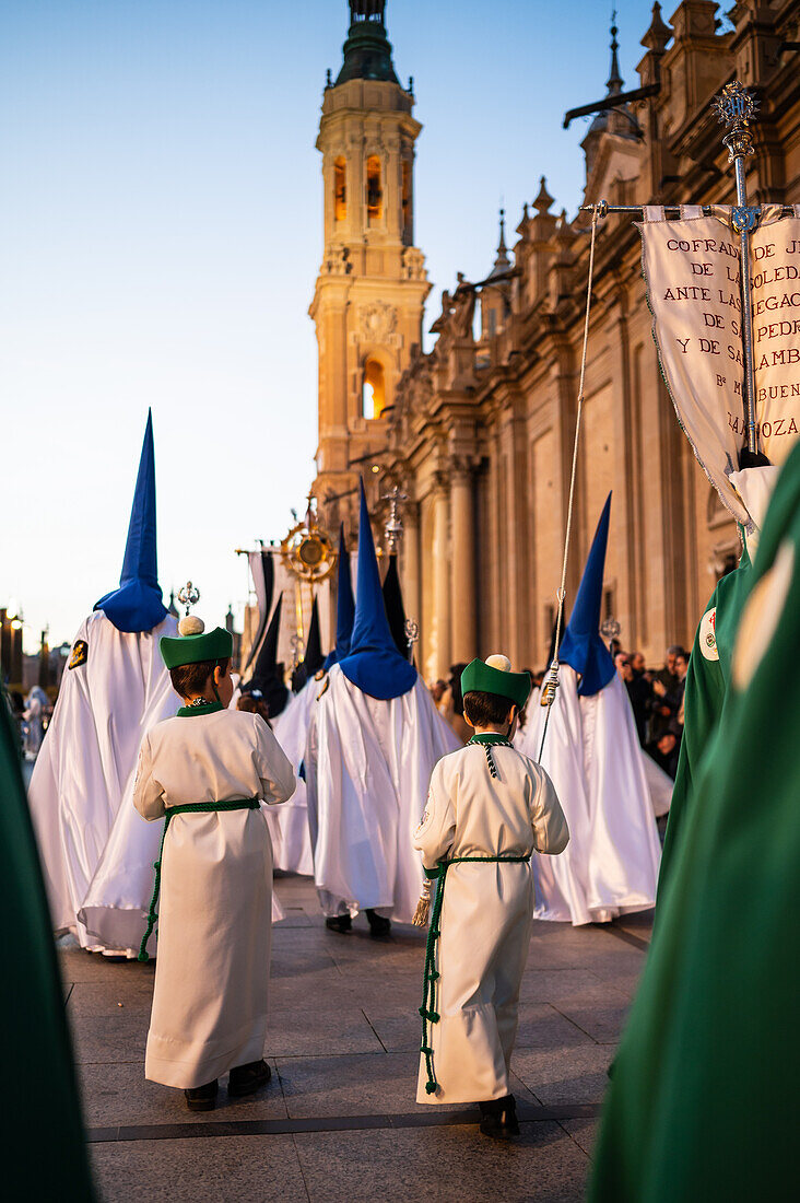 Holy Week Proclamation Procession that symbolizes the beginning of nine days of passion in the Plaza del Pilar in Zaragoza, Spain