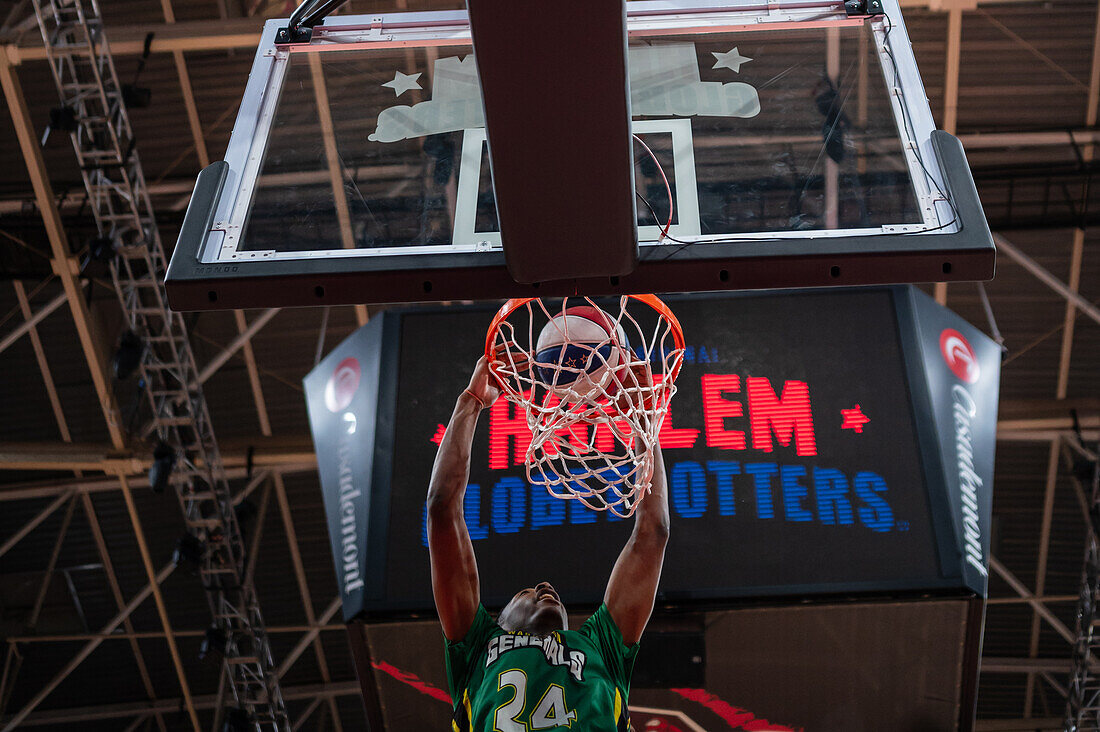 The Harlem Globetrotters perform at the Prince Felipe Pavilion in Zaragoza, Spain