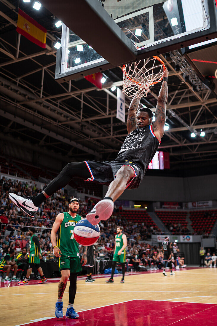 The Harlem Globetrotters perform at the Prince Felipe Pavilion in Zaragoza, Spain