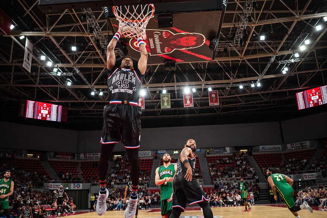 The Harlem Globetrotters perform at the Prince Felipe Pavilion in Zaragoza, Spain