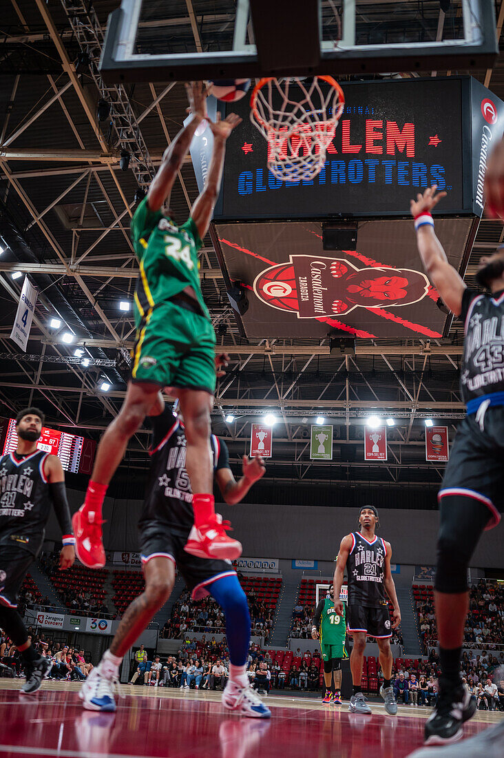 The Harlem Globetrotters perform at the Prince Felipe Pavilion in Zaragoza, Spain