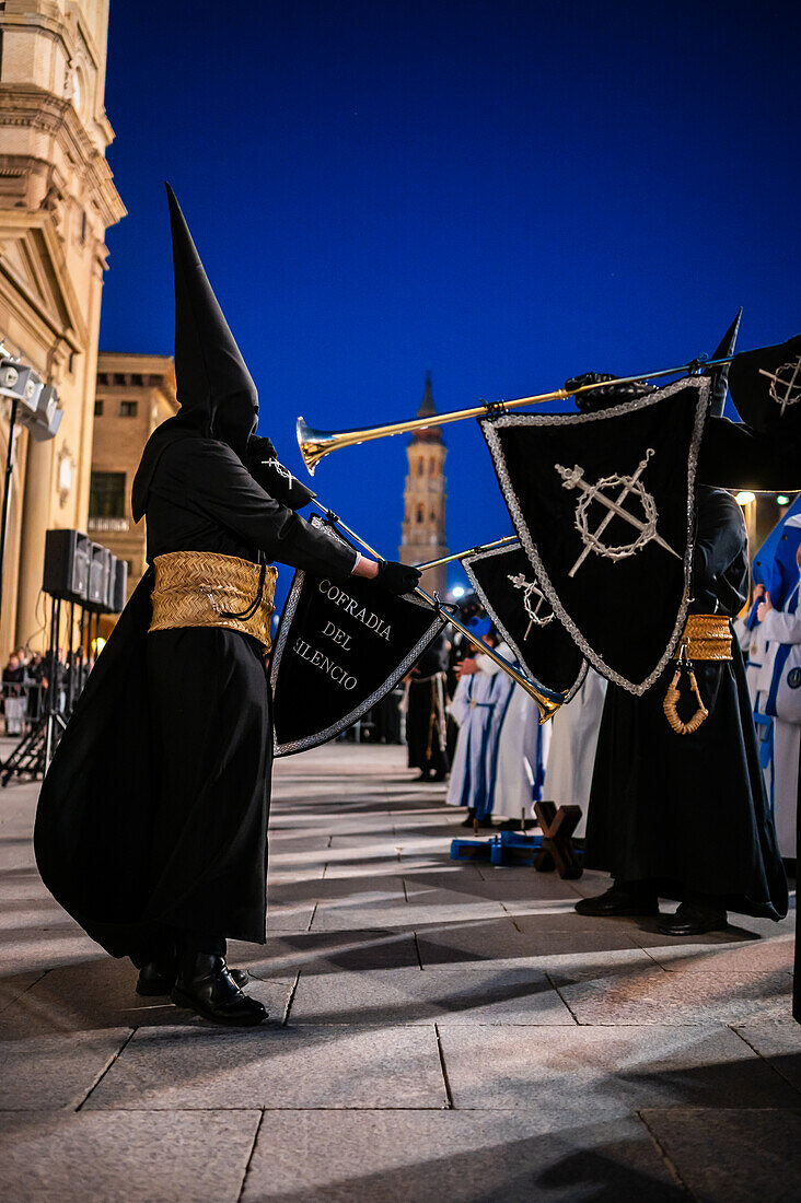 Holy Week Proclamation Procession that symbolizes the beginning of nine days of passion in the Plaza del Pilar in Zaragoza, Spain