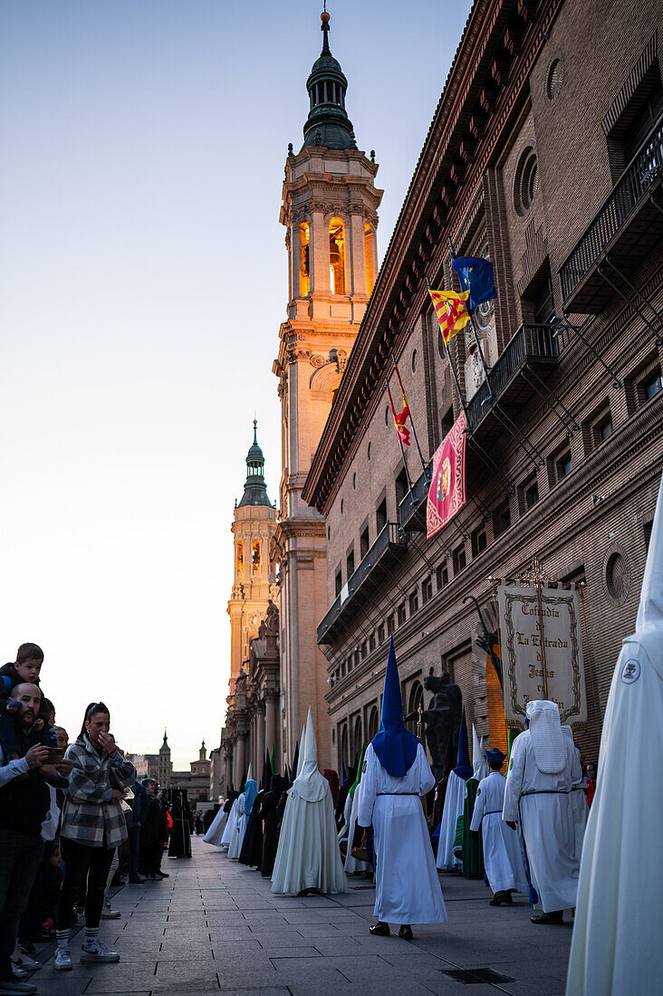 Holy Week Proclamation Procession that symbolizes the beginning of nine days of passion in the Plaza del Pilar in Zaragoza, Spain