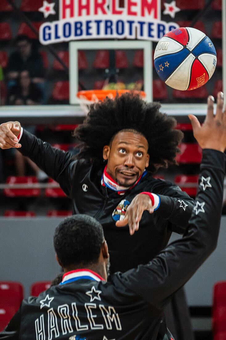 The Harlem Globetrotters perform at the Prince Felipe Pavilion in Zaragoza, Spain