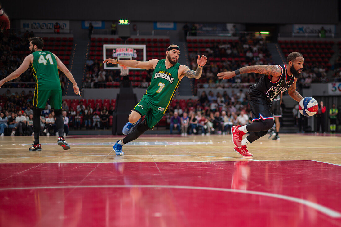 The Harlem Globetrotters perform at the Prince Felipe Pavilion in Zaragoza, Spain