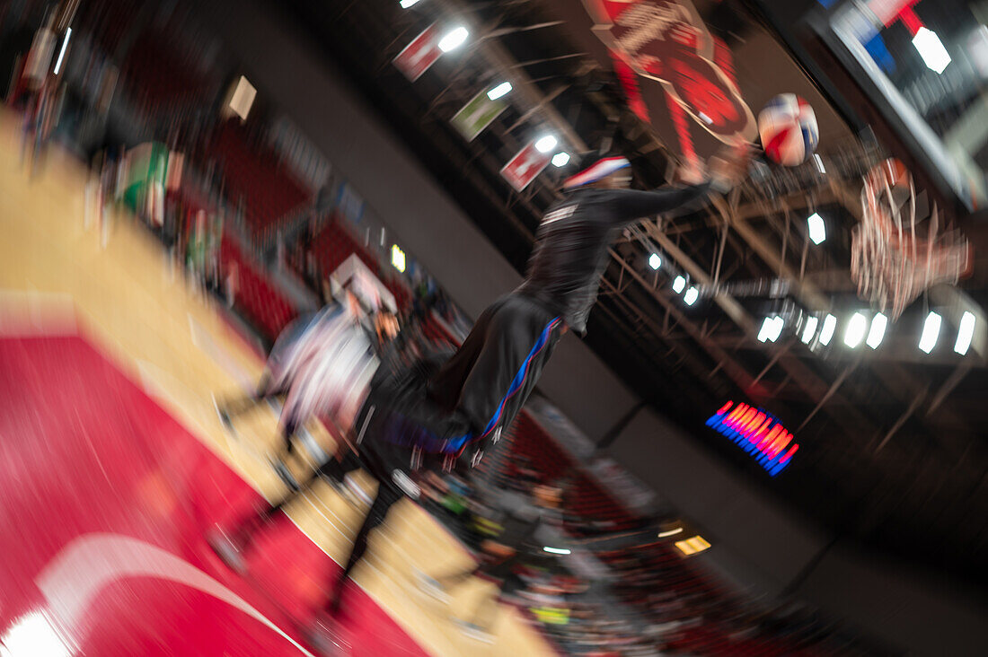 The Harlem Globetrotters perform at the Prince Felipe Pavilion in Zaragoza, Spain