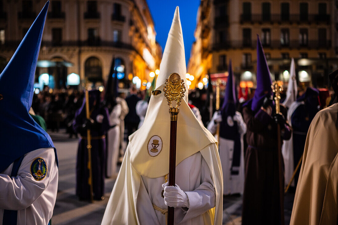 Holy Week Proclamation Procession that symbolizes the beginning of nine days of passion in the Plaza del Pilar in Zaragoza, Spain